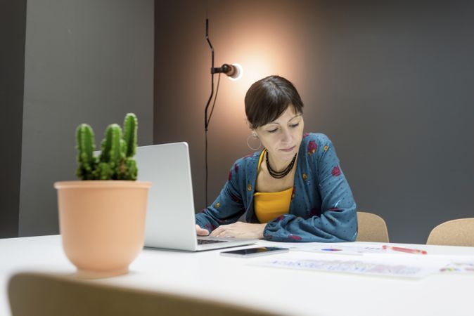 Smiling businesswoman working with laptop