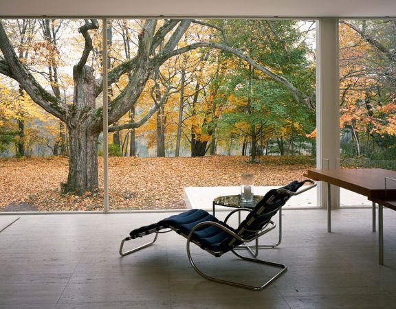 View of architect Mies van der Rohe's classic modernist Farnsworth House