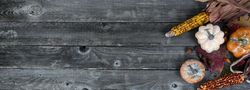 Autumn background decorations on aged wooden planks
