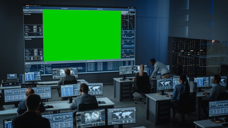 Futuristic Control Room With Diverse Team Monitoring Data. Large Green Screen Dominates