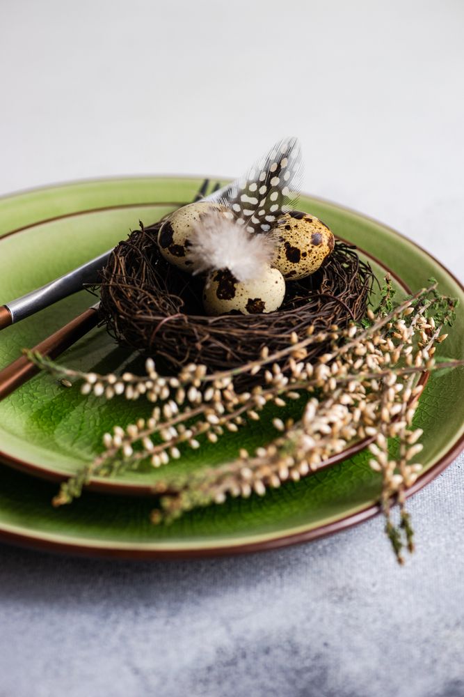 Easter table setting with delicate nest with small speckled eggs on green plate with branch