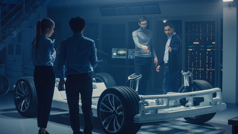 Team of Automotive Engineers Working on Electric Car Chassis Platform, Taking Measures, working with 3D CAD Software, Analysing Efficiency