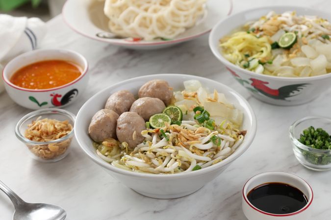 Mie Kocok Bandung. Traditional Sundanese Dish of Beef Noodle Soup with Meatball and Bean Sprout