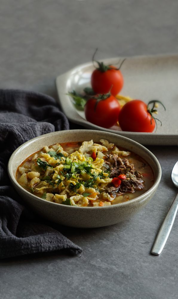 Manpar soup with pasta, traditional soup of  middle asia
