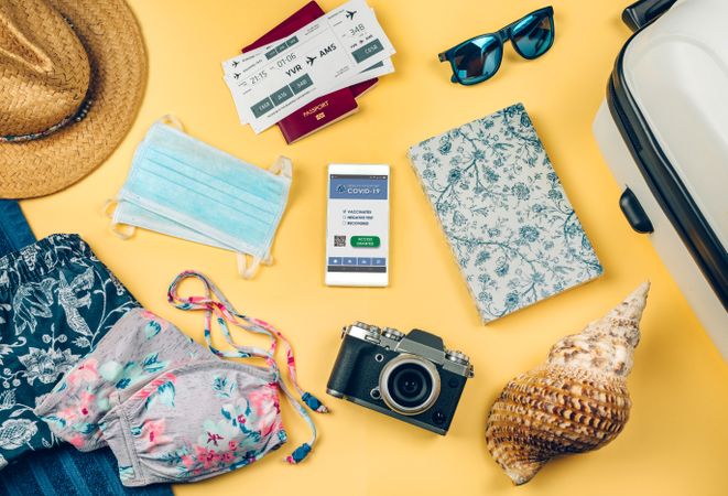 Set with mobile covid passport and beach holiday objects