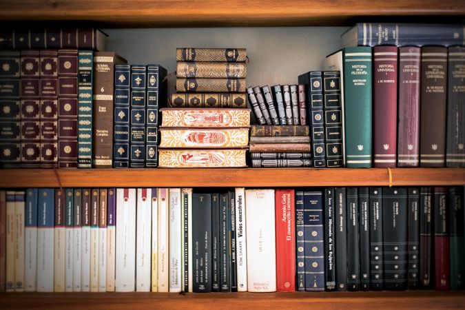 Collections of books in wooden shelves