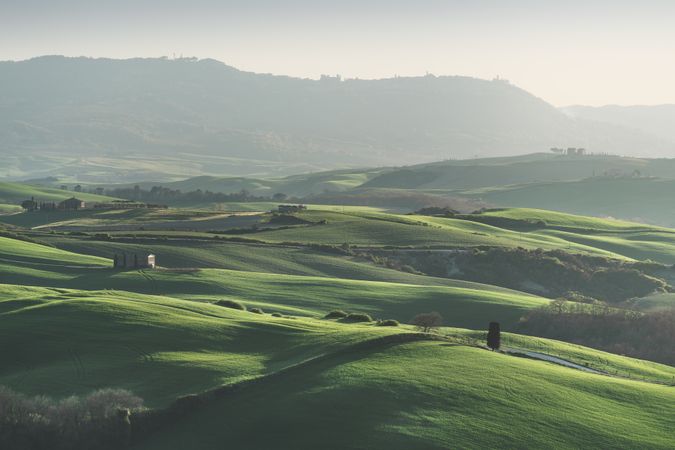 Spring in Tuscany, landscape in late afternoon, Pienza, Italy