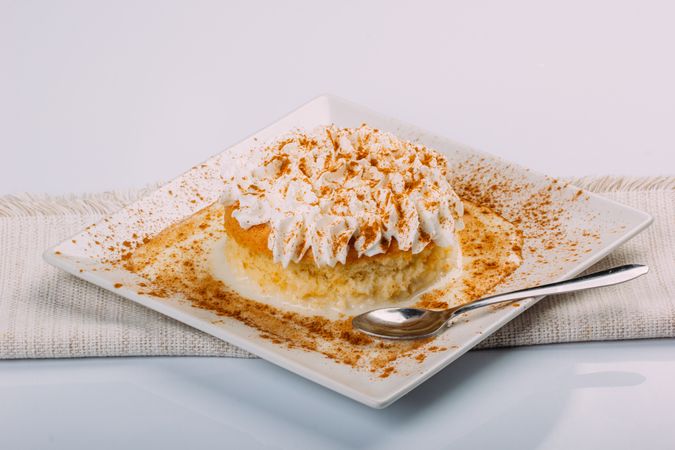 Three milk cake, tres leches cake with coconut. Traditional dessert of Latin America