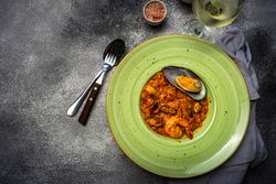 Top view of risotto with sea food
