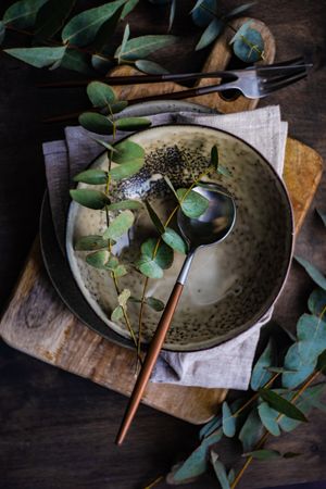 Top view of ceramic plate with eucalyptus leaves