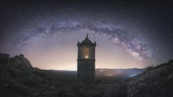 Ancient building under night starry sky