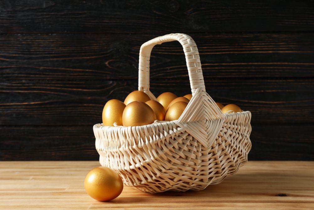 Pension rewards, returns and investment funding concepts, golden eggs