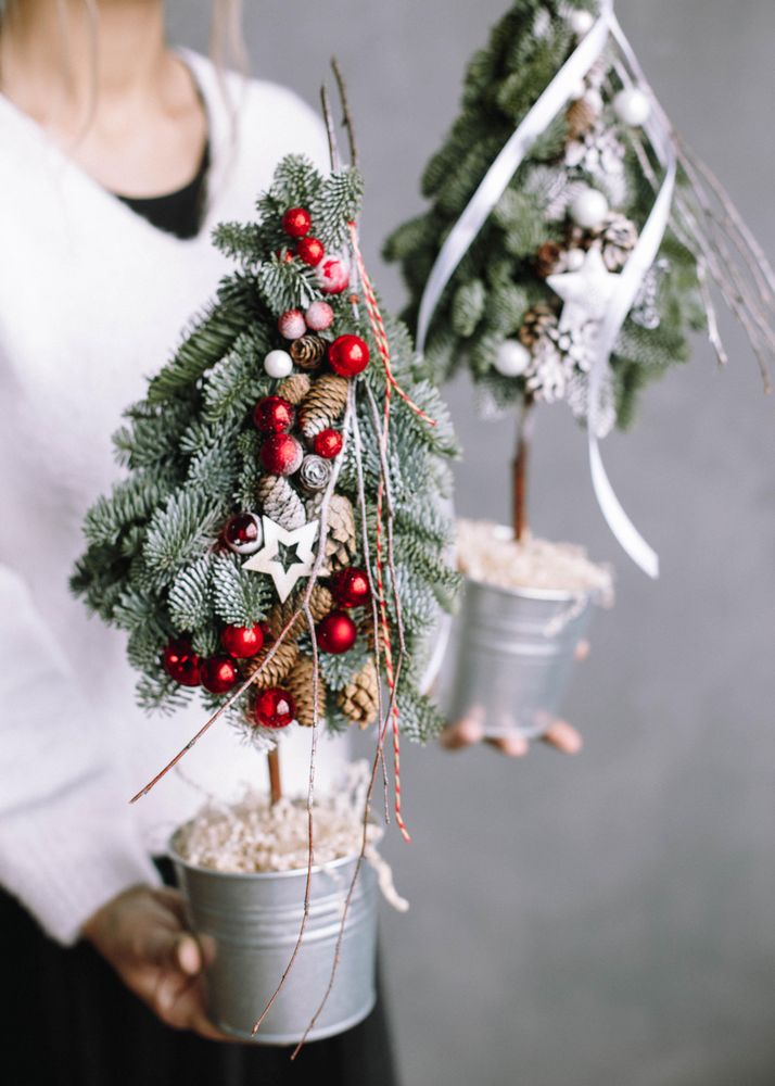 Cropped image of woman in light top holding two mini Christmas trees