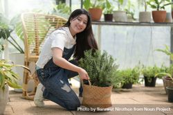 Smiling Asian female tending to a rosemary plant 5zLpgb