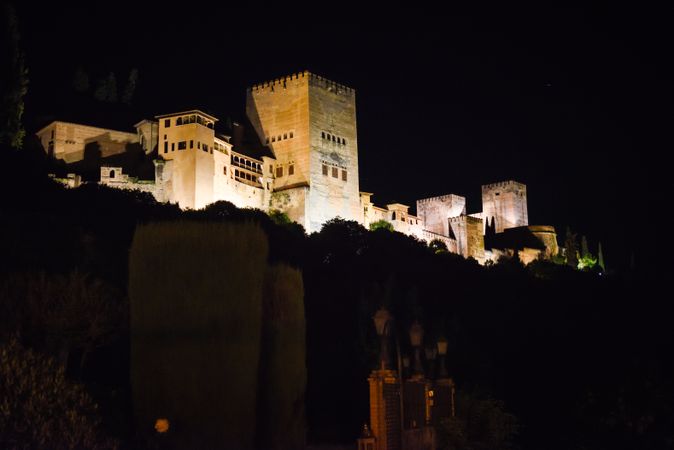 Lit up view of the famous Alhambra palace in Granada from Albaicin quarter
