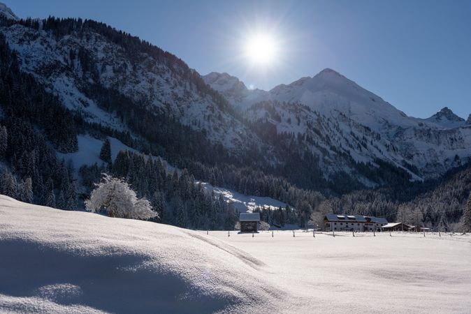 Snowy alpine scenery on a sunny day in December in Oberstdorf, Germany