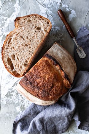 Rye bread on tablecloth