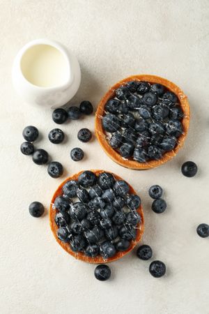 Milk and blueberry pies on gray background