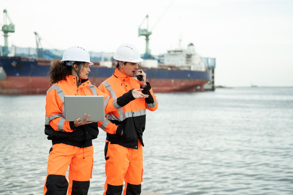Workers in safety helmets examine laptop screen at sea, Freight ship in background, Dockyard engineers collaborate by harbor, man uses walkie-talkie, Port facility teamwork, Logistics industrial