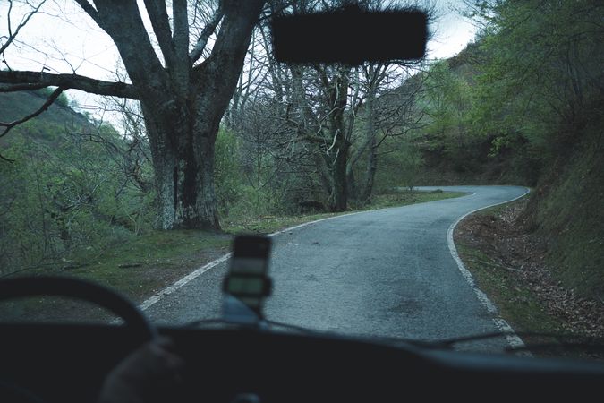 View of inside car empty road in countryside