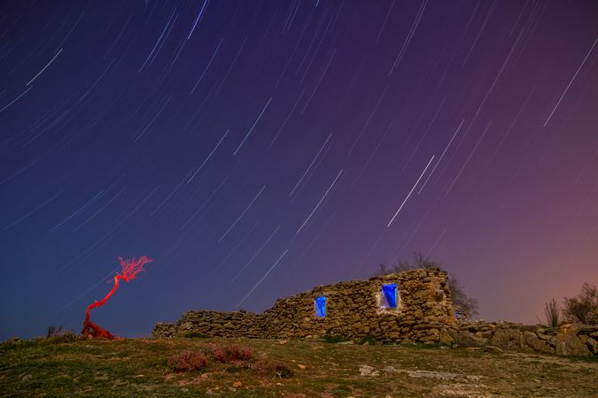 Ancient stone building on hill and wonderful sky