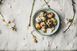 Quail eggs in bowl and blooming branches of almond tree