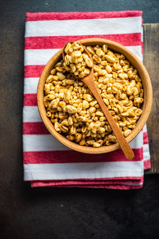Wooden bowl of breakfast cereals