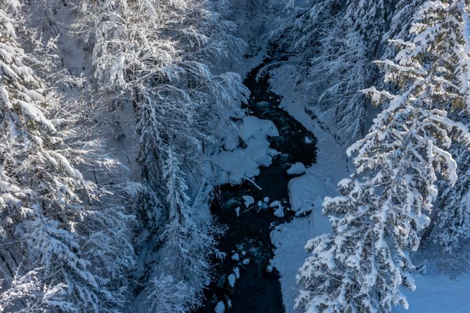 Winter scenery, drone aerial view with a river flowing in the deep snow forest, in the Bavarian Alps, Germany