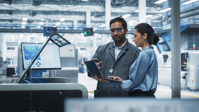 Indian Male Industrial Engineer And Hispanic Female Supervisor Using Laptop And Talking At Electronics Factory.
