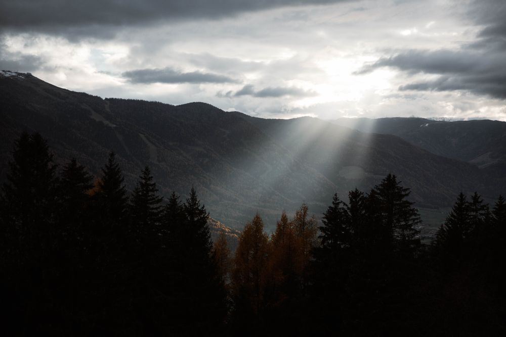 Big mountains near pine forest on cloudy weather
