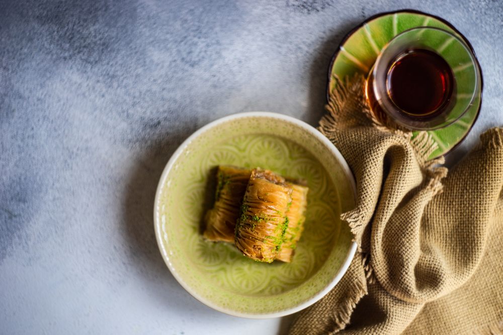 Top view of plate of famous Turkish sweet baklava