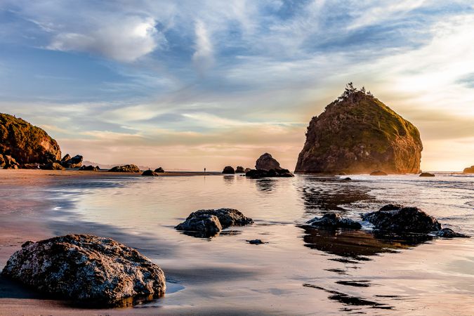 Low tide in late afternoon on a beach in Northern California
