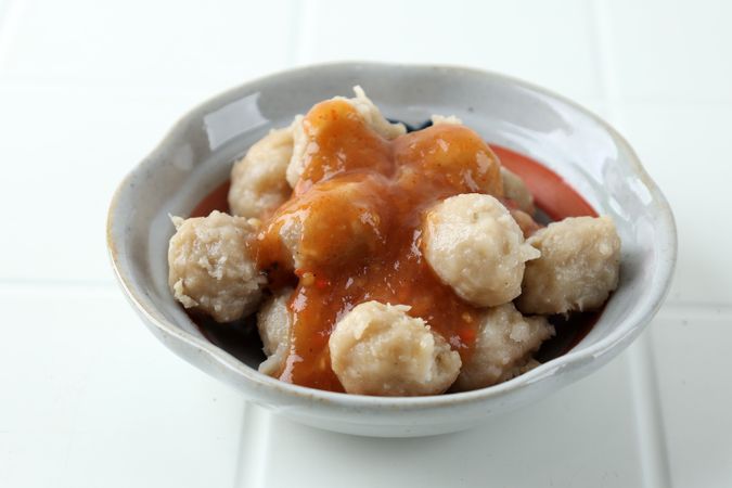 Bakso Pentol Solo Served with Spicy, Sour, and Sweet Sauce.