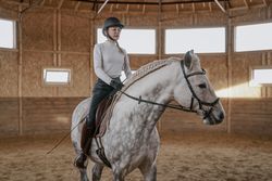 Rider riding dapple gray horse in round arena