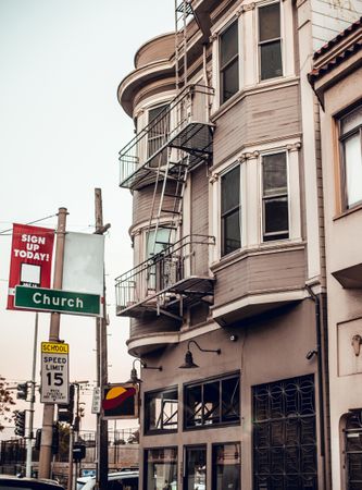 Facade of old building on street