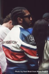 London, England, United Kingdom - September 18 2021: Black man in biker jacket at Fashion Week 4Zve94