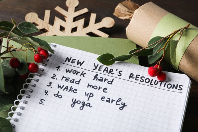 Concept of New Year Resolutions list, new year goals, close up