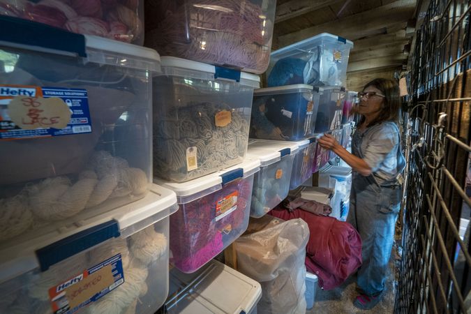 Woman farmer prepares merchandise of wool and skeins to be sold