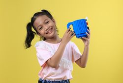 Asian Girl Kids Drink Water from Blue Cute Cup