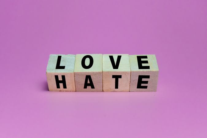 flip wooden blocks with love and hate words tex isolated on pink background