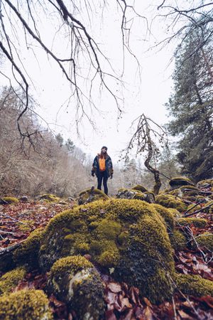 Female tourist standing on rock at autumn forest