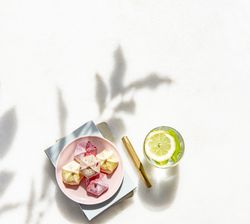 Meringue kisses flat lay  notebook and drink