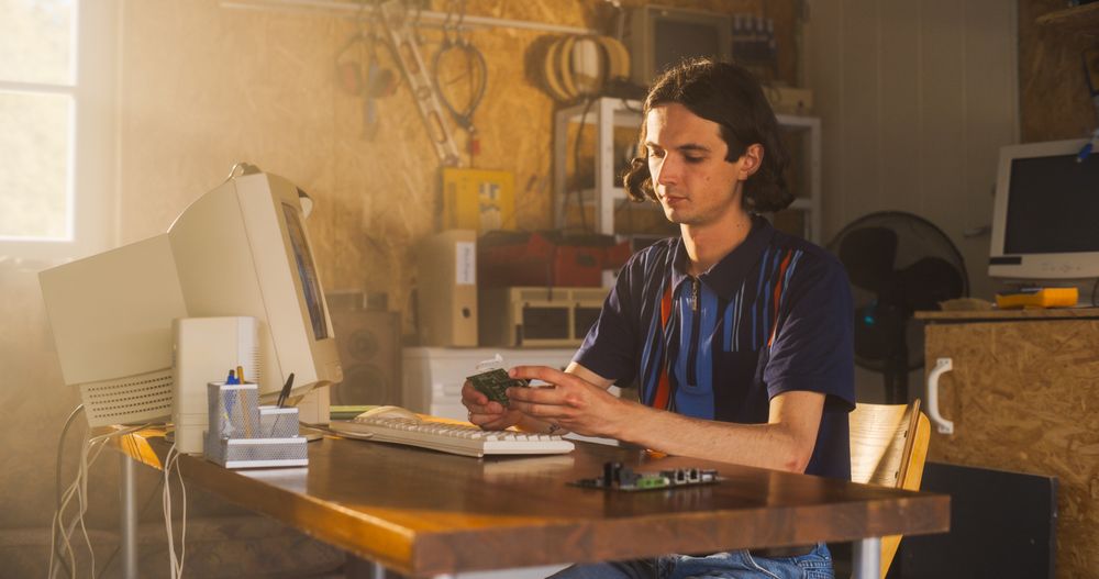 Man Starting an Innovative Computer Company In Nineties, Building New Devices, Nostalgia Concept.