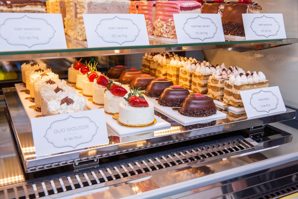 Cupcakes in clear glass display counter