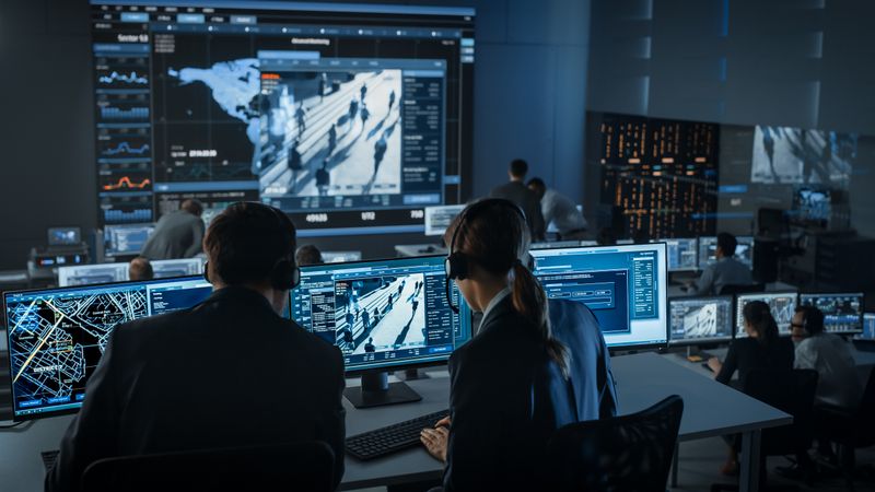 Surveillance Center Monitors Global Activity. Operators Analyze Data on Multiple Screens Showing World Maps, Crowd Movements, and City Layouts.
