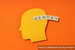 Orange duotone flat lay of head with the word “memory” in wooden blocks bGyPv5
