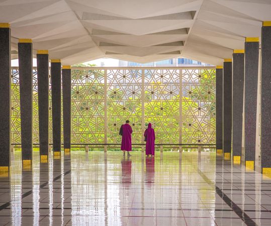 Back view of two people wearing purple robes standing in a hall