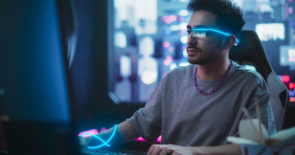 Man Wearing Futuristic Monocle Glasses with Extended Reality