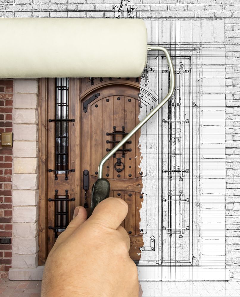 Before and After of Man Painting Roller to Reveal New Front Door Under Pencil Sketch Drawing Plans.