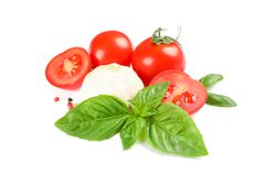 Fresh cherry tomatoes with basil, spices and garlic isolated on blank background. Ripe vegetables